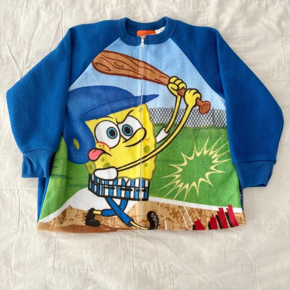 Vintage Kids Y2K 2003 SpongeBob Baseball Home Run Fleece Zip Up One Piece Size 4 - Picture 2 of 7